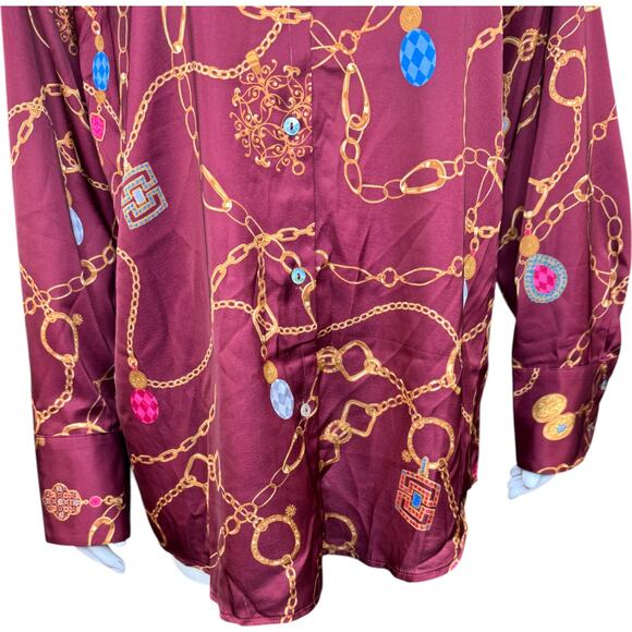 Susan Graver Regular Printed Charmeuse Button-Front Tunic Dark Cranberry Small - Picture 3 of 12